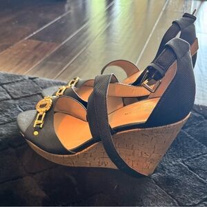 Marc Fisher Black and Gold Wedge Shoes